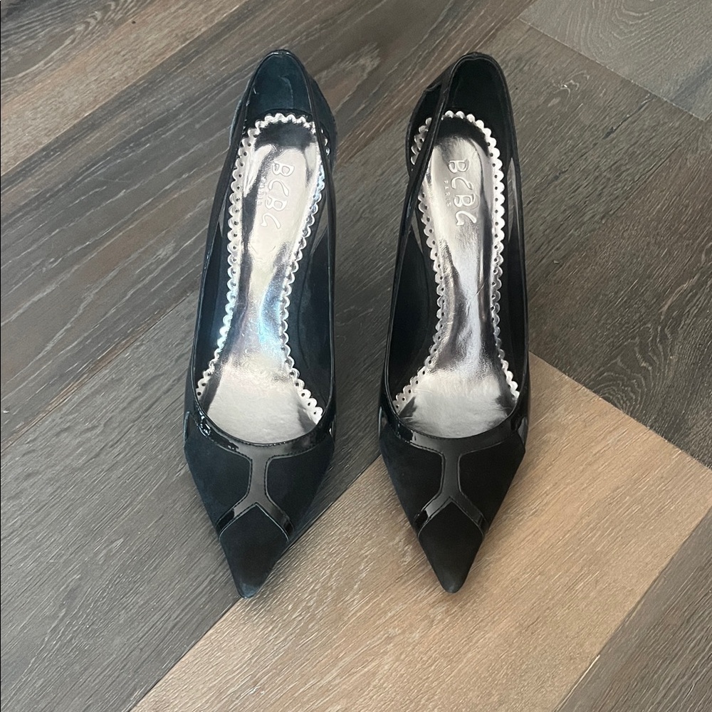 BCBG Black Pointed-Toe Suede & Patent Accent Pumps